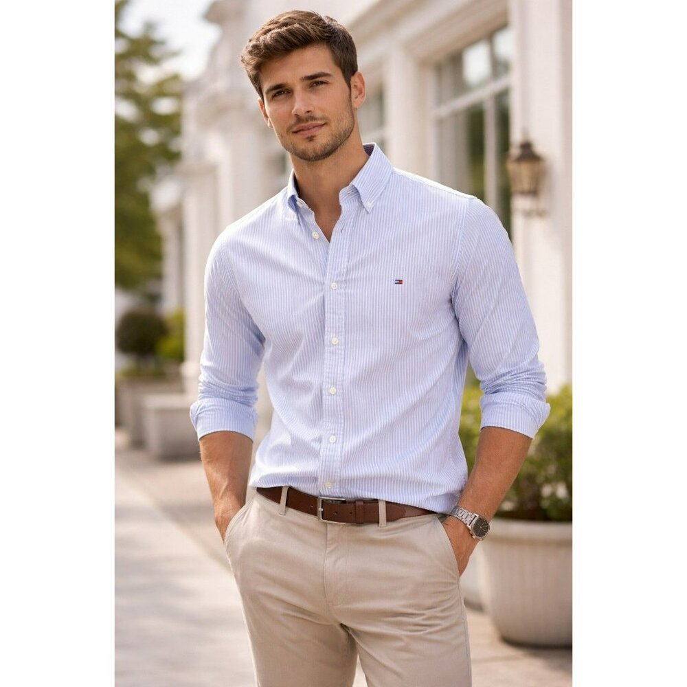 Tommy Hilfiger Button Down Shirt XS Blue White Stripe Cotton Classic Logo